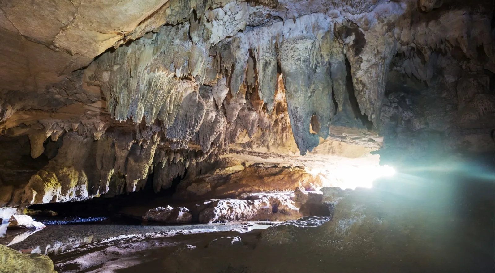 Underground cave passage with glowworm bioluminescent lights reflecting on the water surface