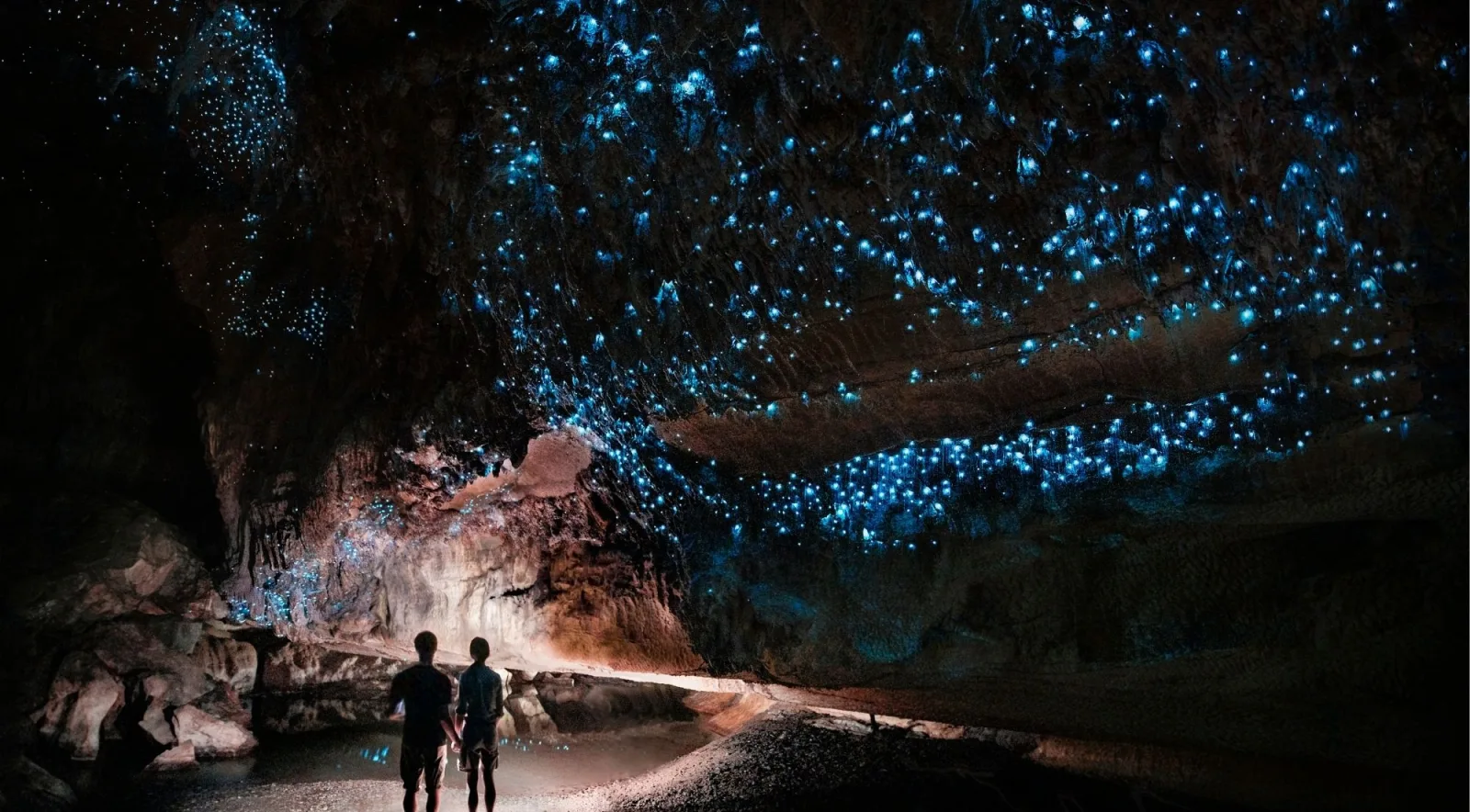 Cave river passage in Waitomo with glowworm lights visible on the cave ceiling above
