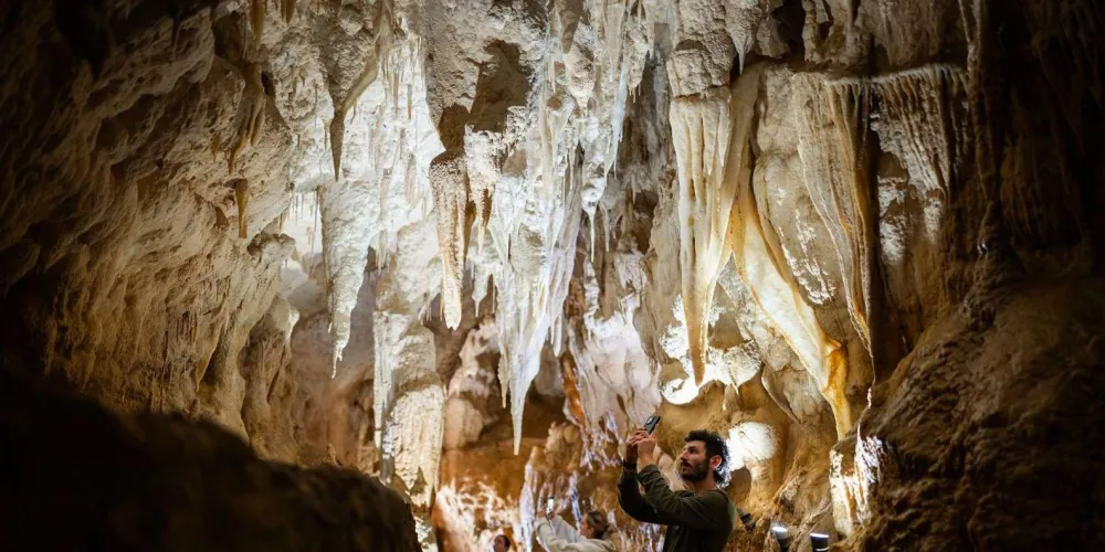 Underground river bank in Ruakuri Cave with glowworm clusters above